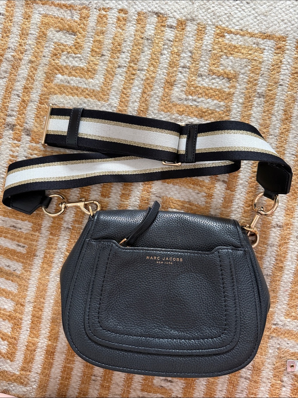 Marc Jacobs Black Pebbled Leather Crossbody Purse with Striped Strap